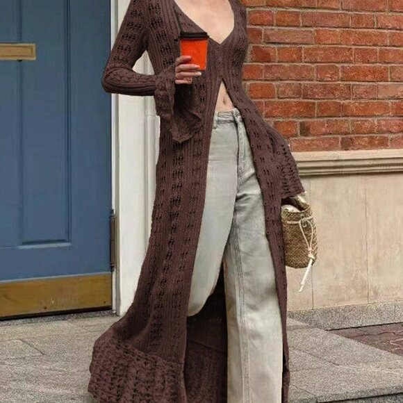 Brown Casual Women's Long Sleeve Button Elegant Crochet caridgan - Picture 2 of 8